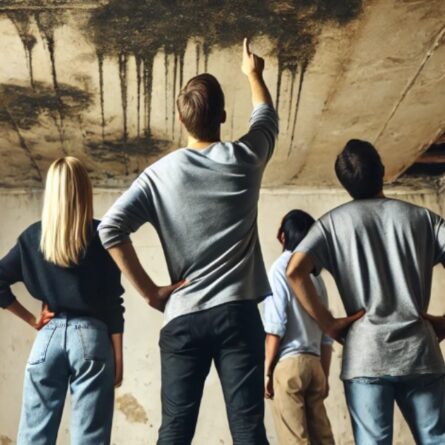 Un gruppo di persone osserva un soffitto danneggiato con evidenti segni di muffa e umidità. Uno degli individui, in posizione centrale, sta indicando una particolare area del soffitto. Sul lato destro dell'immagine si può vedere una scala rossa. La stanza ha un aspetto trascurato, con pareti in cattive condizioni e senza decorazioni.