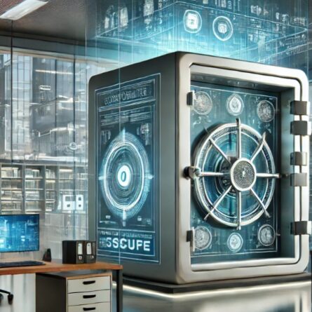 Un'immagine di un moderno ufficio con una grande cassaforte digitale al centro. La cassaforte ha un design futuristico con schermi digitali e indicatori luminosi. Intorno alla cassaforte ci sono diverse scrivanie con computer e monitor che mostrano dati e informazioni. Le pareti dell'ufficio sono di vetro, permettendo la vista di altri edifici al di fuori. L'ambiente sembra essere altamente tecnologico e sicuro.