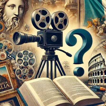 L'immagine rappresenta una composizione artistica che integra elementi della cultura e storia italiana con il mondo del cinema. Al centro, una vecchia cinepresa a rulli si erge sopra un libro aperto, simbolo di conoscenza e narrativa. A destra, si scorge il Colosseo e una figura classica che ricorda una dea dell'antichità. Intorno alla cinepresa, si vedono volti storici, pellicole cinematografiche e simboli dell'arte. Sullo sfondo, è visibile una bandiera italiana e diverse immagini legate al patrimonio culturale. Un grande punto interrogativo vicino alla cinepresa suggerisce un mistero o una domanda legata al ruolo del cinema o della cultura nella storia d'Italia.