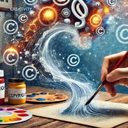 L'immagine rappresenta una mano che tiene un pennello e dipinge un flusso astratto di colori e simboli di copyright, che emergono da una tavolozza di colori e da un foglio di carta. Sullo sfondo si notano diversi simboli di copyright e strumenti legali, come bilance della giustizia, suggerendo un tema legato alla creatività e alla protezione dei diritti d'autore.
