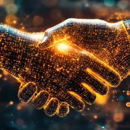 Immagine di una stretta di mano digitale, formata da punti luminosi e linee, che rappresenta un accordo o una collaborazione in un contesto tecnologico. La scena è composta da elementi futuristici, con luci e pixel che simboleggiano la connessione tra due entità digitali o umane. L'illustrazione evoca concetti di fiducia, innovazione e progresso nell'ambito delle tecnologie digitali.