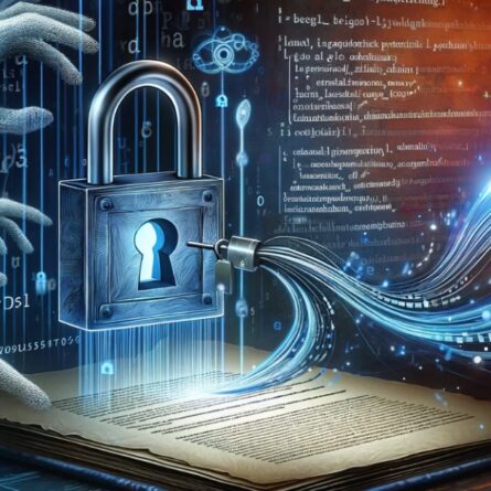 Illustrazione concettuale di sicurezza informatica: un libro aperto con un lucchetto al centro, circondato da mani scheletriche che cercano di accedere a dati digitali e flussi di informazioni, simboleggiando la protezione contro i cyber attacchi e la violazione dei dati.