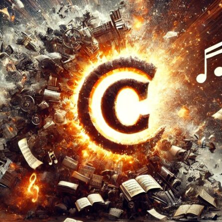 Esplosione creativa intorno al simbolo del copyright, con spartiti musicali, libri e note che rappresentano il diritto d'autore e la protezione delle opere dell'ingegno creativo.
