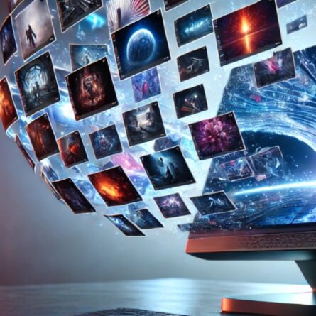 Un computer con uno schermo futuristico da cui emergono centinaia di immagini digitali fluttuanti, raffiguranti scenari fantastici e astratti. L'effetto visivo richiama il concetto di creatività digitale, condivisione di contenuti e protezione delle opere artistiche online. A futuristic computer screen with hundreds of floating digital images depicting abstract and fantasy scenes. The visual effect conveys the idea of digital creativity, content sharing, and the protection of artistic works online.