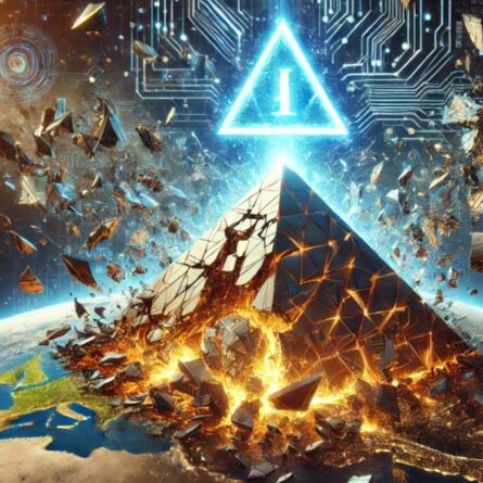 Questa immagine sembra rappresentare un concetto futuristico e digitale, che unisce elementi di spazio, tecnologia avanzata e la distruzione di una struttura piramidale. Sullo sfondo si vedono pianeti, materia cosmica e motivi di circuiti, con un forte focus sulla piramide che viene distrutta. L'immagine include anche un simbolo luminoso di 