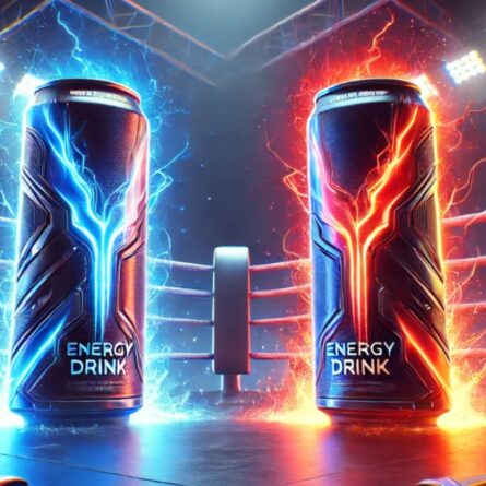 Due lattine di energy drink, una con elettricità blu e l'altra con energia rossa, si affrontano come sfidanti in un ring da boxe illuminato da potenti riflettori. L'immagine evoca una competizione intensa e un'atmosfera di potenza ed energia. Two energy drink cans, one emitting blue electricity and the other glowing with red energy, face off like challengers in a boxing ring under bright spotlights. The image conveys a sense of intense competition and high energy.
