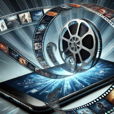 Uno smartphone con una pellicola cinematografica che si estende da esso, con immagini di film che appaiono sulla striscia del film. Lo sfondo è una luce esplosiva futuristica, simbolo della trasformazione digitale del cinema e dei media. A smartphone with a film reel extending from it, with images from movies appearing on the film strip. The background is a futuristic burst of light, symbolizing the digital transformation of cinema and media