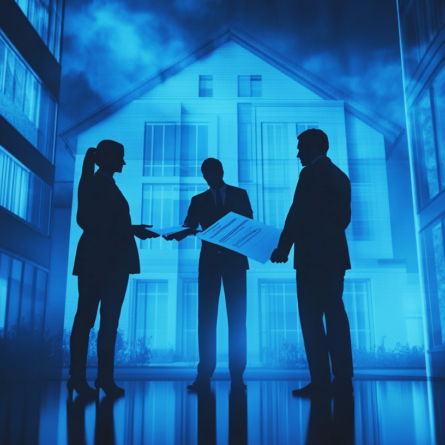 Tre figure professionali discutono la firma di un contratto davanti a un edificio residenziale moderno, simbolo di trattativa immobiliare. Il contesto rappresenta una situazione legale legata alla provvigione mediatore. Three professionals discussing contract signing in front of a modern residential building, representing a legal situation involving the real estate agent's commission.