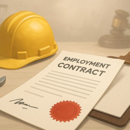 Illustrazione semi-realistica di una scrivania ordinata con un contratto di lavoro certificato al centro, evidenziato da un sigillo rosso di certificazione. Accanto al documento si trovano un casco da cantiere giallo, una chiave inglese e una cartelletta. Sullo sfondo sfocato si intravedono simboli legali come la bilancia della giustizia e un martelletto, a richiamare il tema della certificazione del contratto di lavoro.