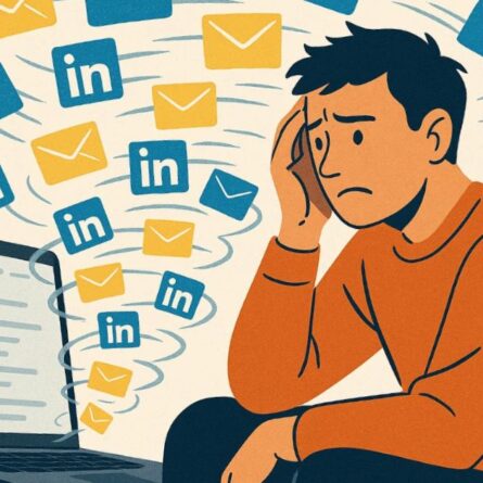 Uomo infastidito da un sovraccarico di messaggi su LinkedIn, simbolo dell’abuso della privacy nelle comunicazioni digitali.
