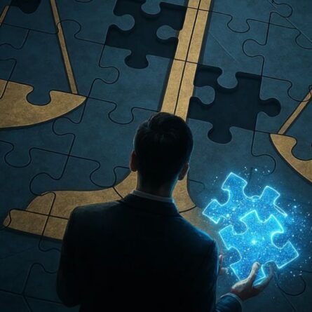 Un uomo osserva un puzzle incompleto che forma una bilancia dorata, mentre tiene in mano un tassello luminoso: una rappresentazione visiva dell'analogia giuridica come strumento per completare i vuoti normativi.